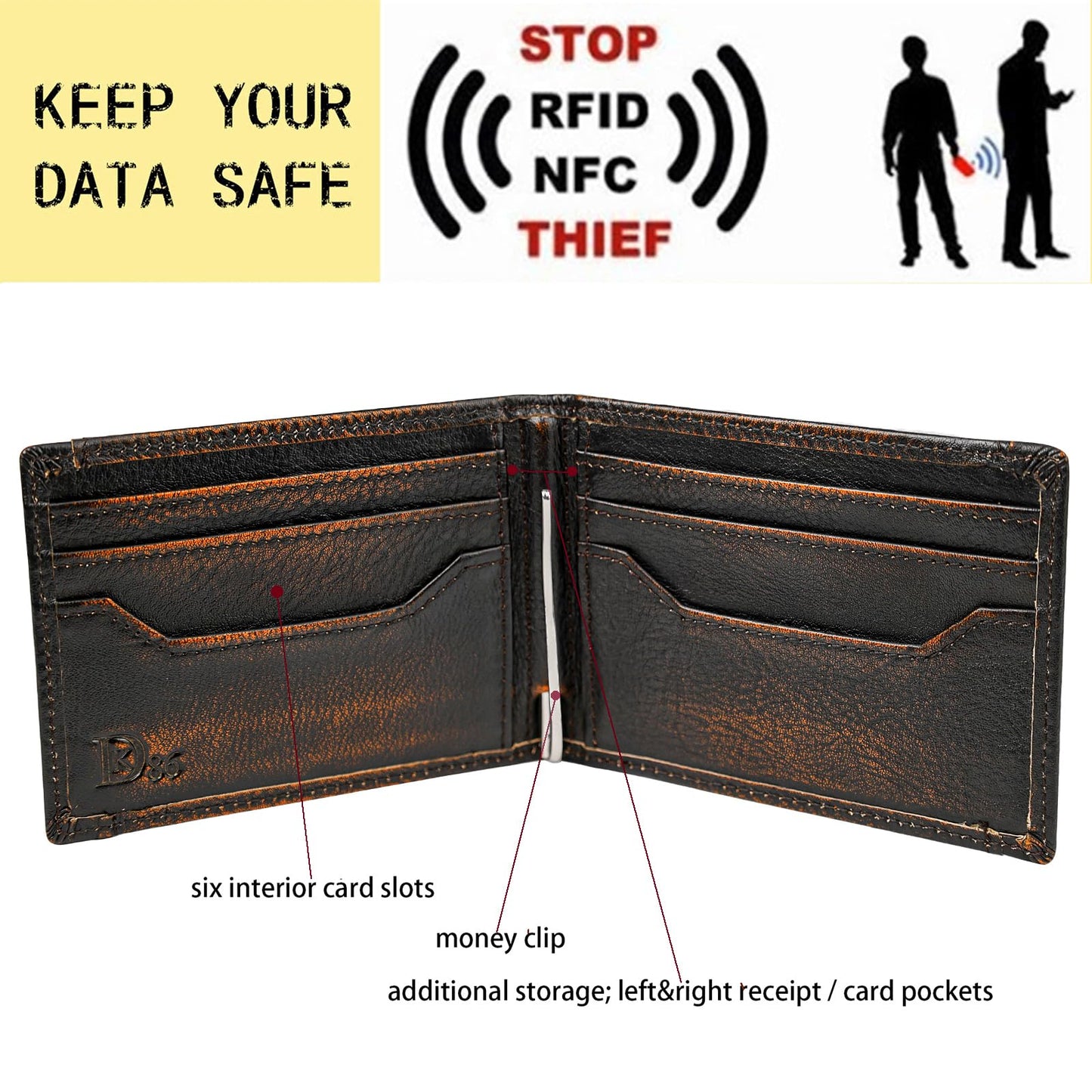 DK86 Mens Deer Slim Wallet with Money Clip Minimalist Bifold Front Pocket wallet for Men RFID Blocking Full Grain Leather with Hand Burnished