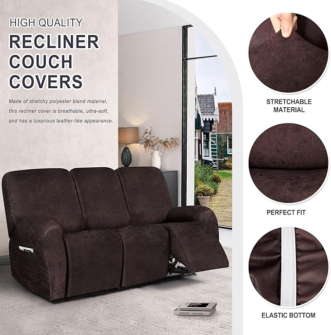 ANARACHON Leather Look Recliner Couch Cover, 8-Pieces Stretch Recliner Sofa