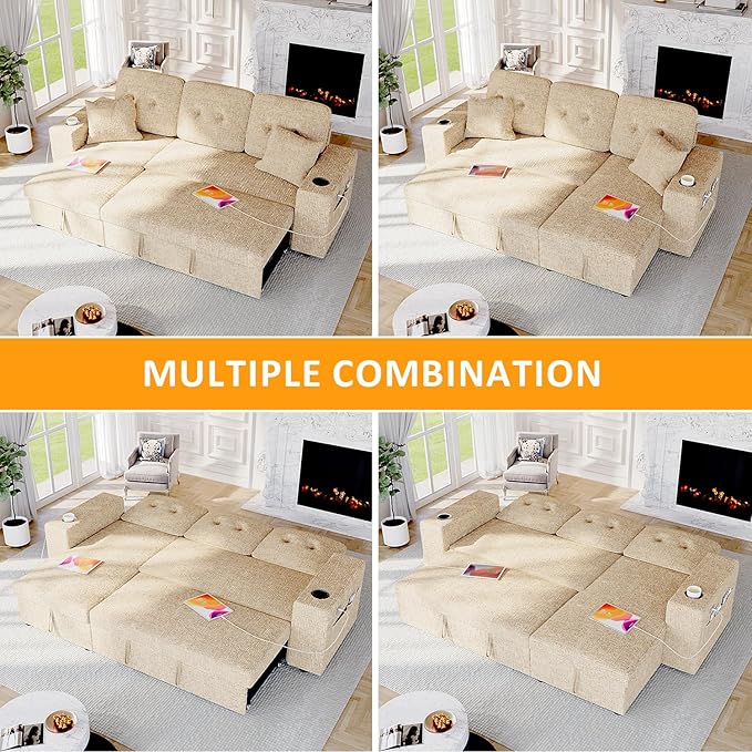 90 Inch Modular Sectional Sleeper Sofa Bed, 4 in 1 Pull Out Couch Bed