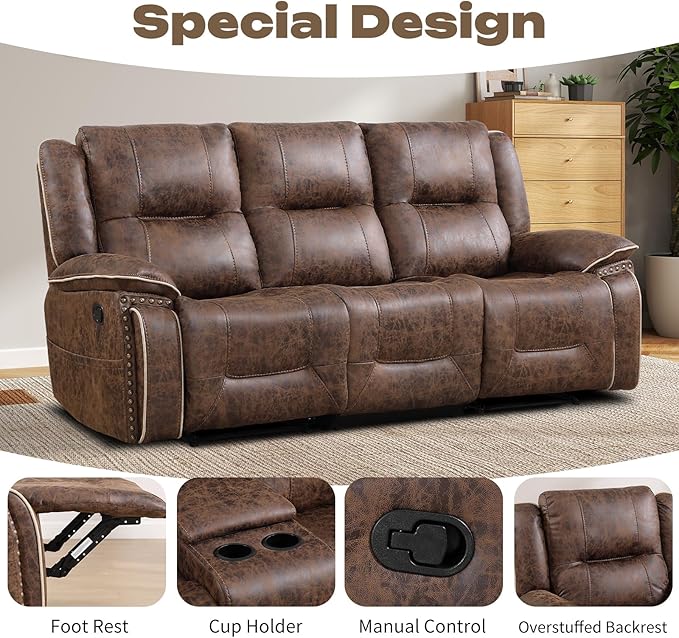 EBELLO Faux Leather Manual Recliner 3 Seater Reclining Sofa Chair, 3 Seat Sofa