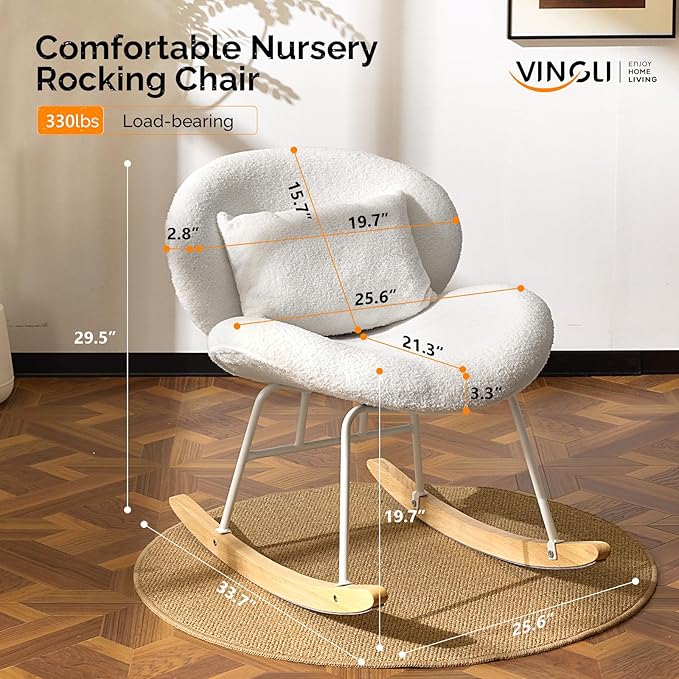 VINGLI 25.6" Extra Wide Criss Cross Nursery Rocking Chair, Cute Curved 115°