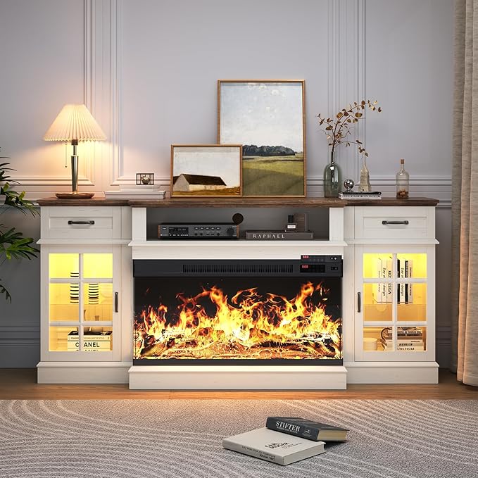 MXV 70" Fireplace TV Stand, 3-Sided Glass Fireplace and Modern Entertainment