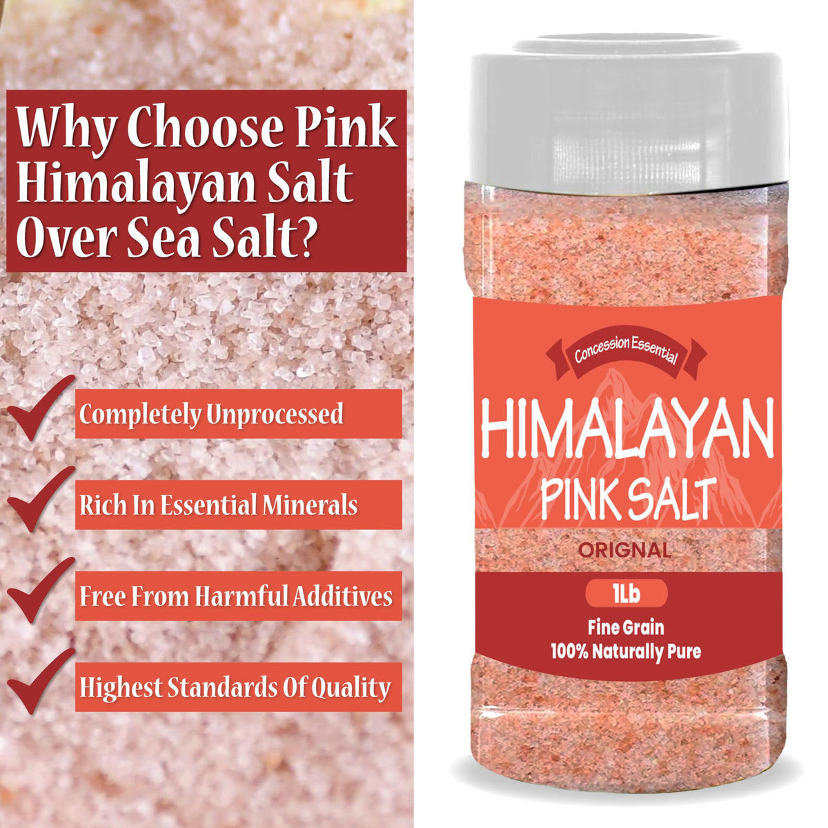 Concession Essentials- Himalayan Fine Grain Pink Salt (1lb) Includes a 3" Wooden Scoop