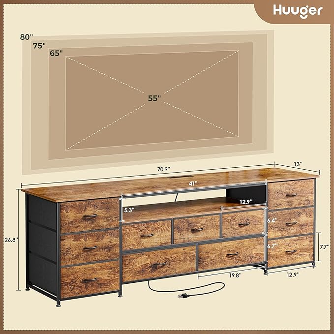 Huuger 70 Inch TV Stand for 75, 80 Inch TV, 11 Drawer Long Dresser