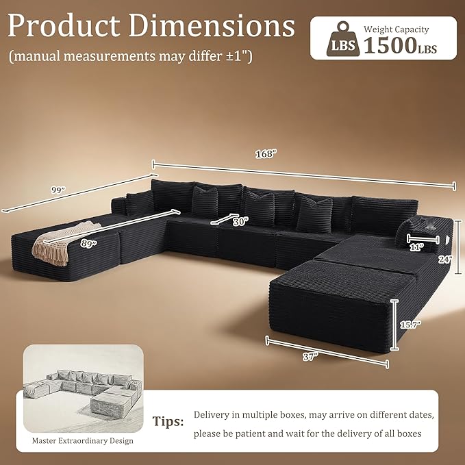 168" Cloud Sectional Couch, Comfort U Shaped Sofa