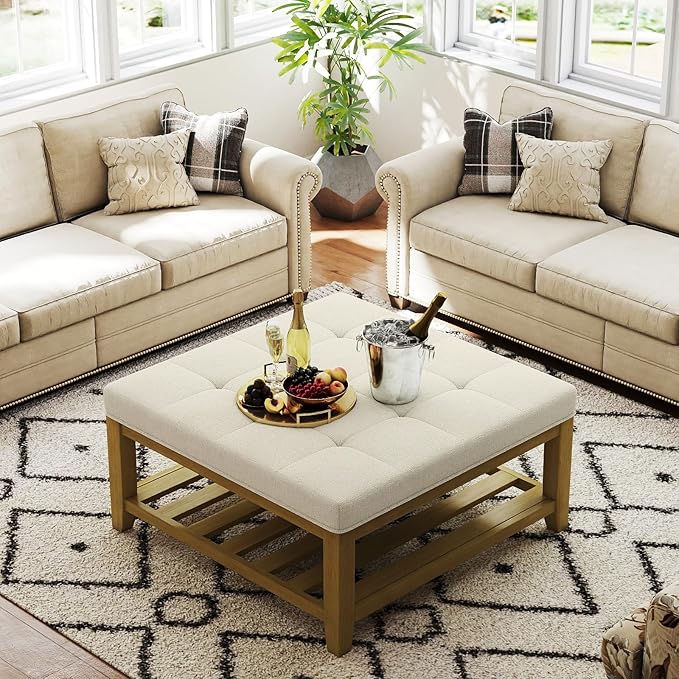 Befurtori Large Square Ottoman Coffee Table, Linen Solid Upholstered Footrest