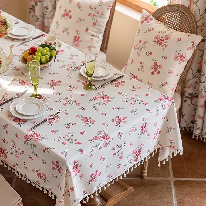 VClife White and Pink Print Table Cloth, Linen Texture Tablecloth