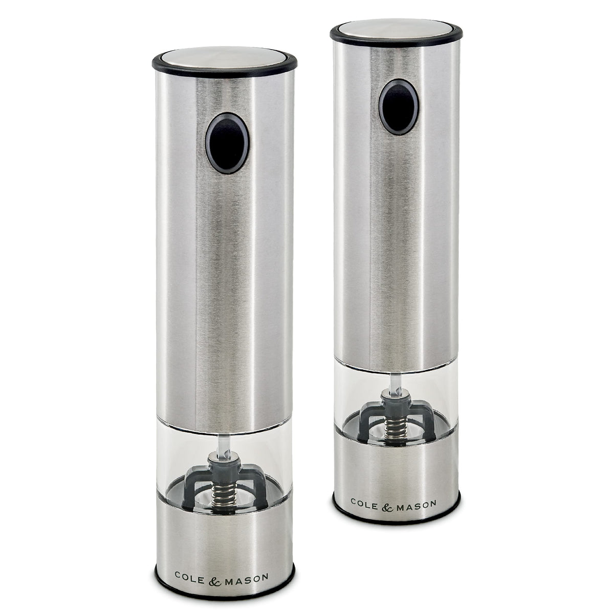 Cole & Mason H3004480 Battersea Salt and Pepper Mills | Electronic | Stainless Steel/Acrylic | 210mm | Gift Set | Includes 2 x Electric Salt and Pepper Grinders | Lifetime Mechanism Guarantee
