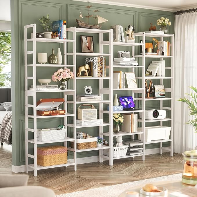 Homykic Double Wide Bamboo Bookshelf White, 6-Tier Large Open Bookcase