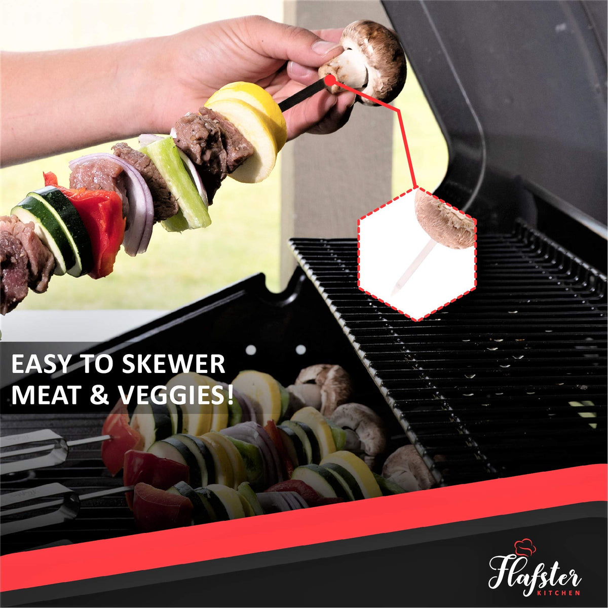 "FLAFSTER KITCHEN BBQ Skewers for Grilling - 16" Stainless Steel Flat Kebab Sticks with Push Bar, Reusable Metal Shish Kabob Skewers, Set of 6"
