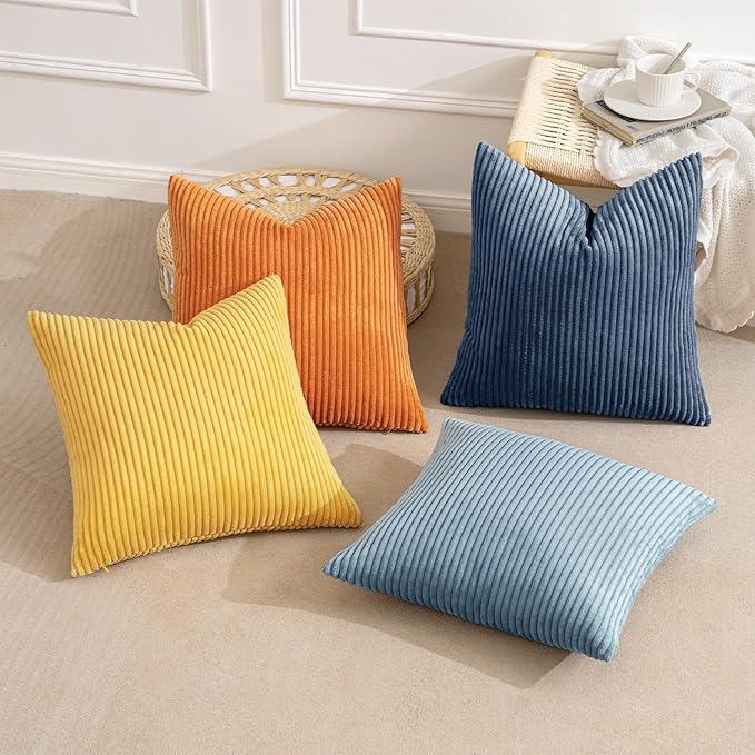 MIULEE Pack of 4 Blue-Orange Corduroy Decorative Throw Pillow Covers 20x20 Inch