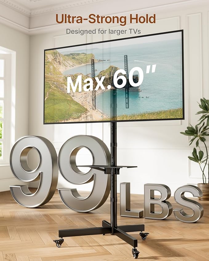 Heavy-Duty Rolling TV Stand for 23”-60” Screens—Supports 121 lbs, Stable Mobile