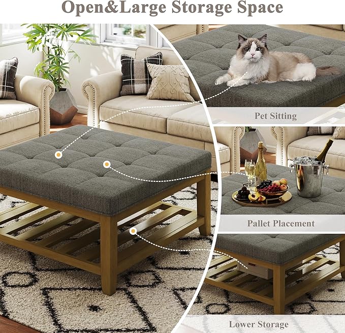 Befurtori Large Square Ottoman Coffee Table, Linen Solid Upholstered Footrest