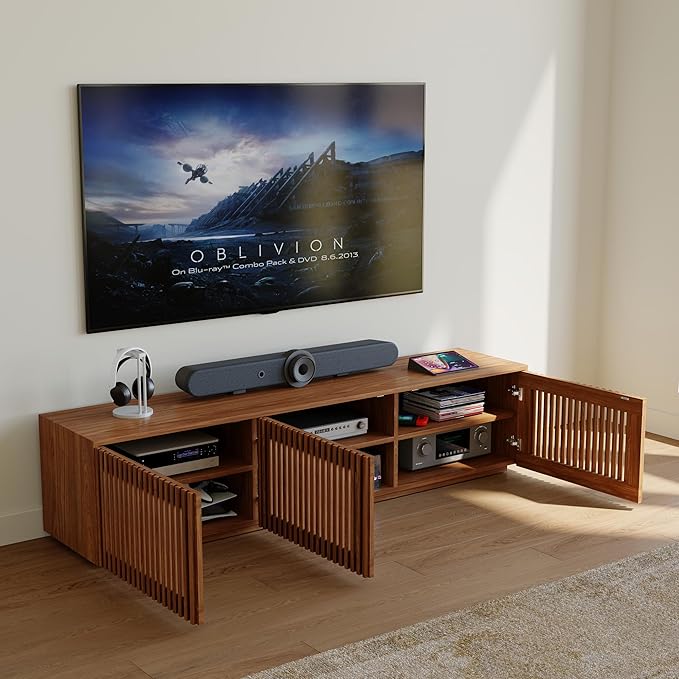 POVISON Full Assembled Mid Century Modern TV Stand, Wood Slatted Media Console