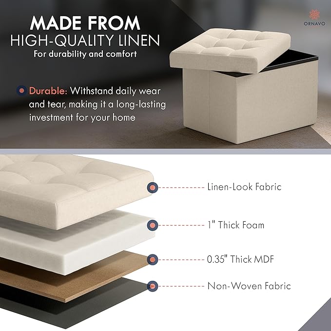 Ornavo Home Small Storage Ottoman Foldable Collapsible Rectangle Linen Ottoman