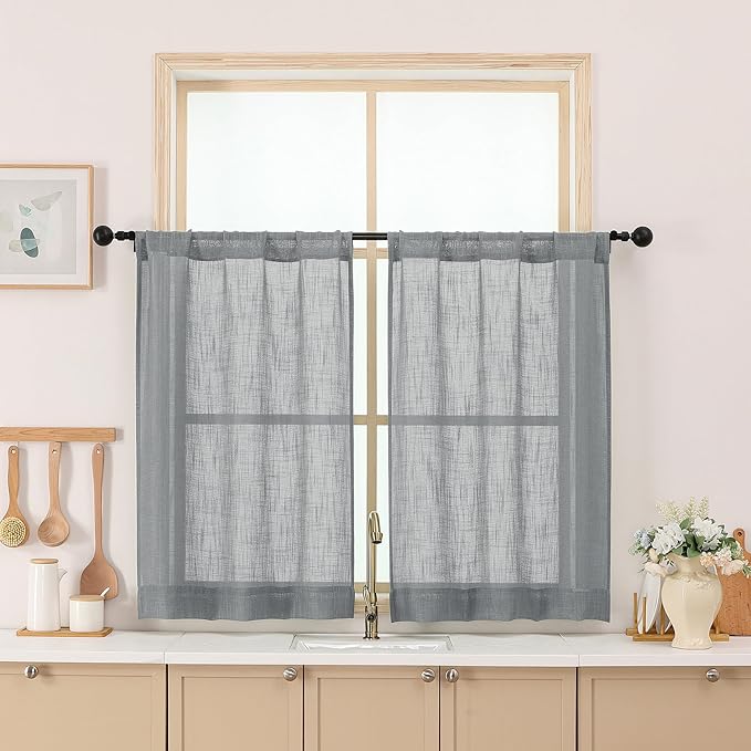 Chyhomenyc Charcoal Grey Semi Sheer Curtains 36 Inch Length, Light Filtering