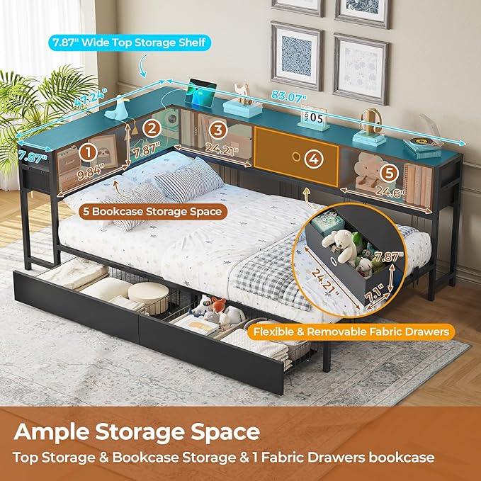 DICTAC Corner Bed Frame with 2 Storage Drawers and Bookcase Headboard Twin XL