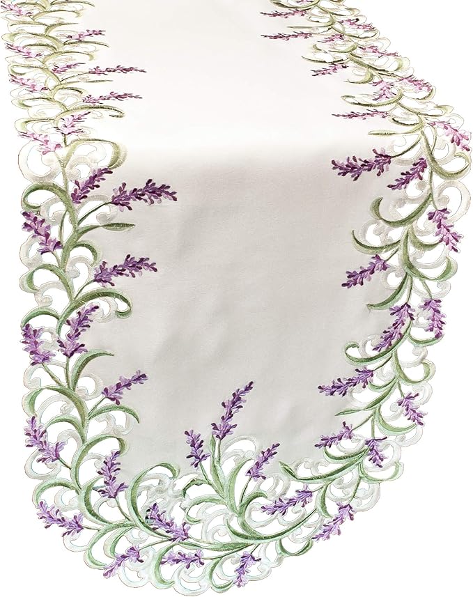 Embroidered Purple Embroidered Lavender Lilac Table Runner, Dresser Scarf