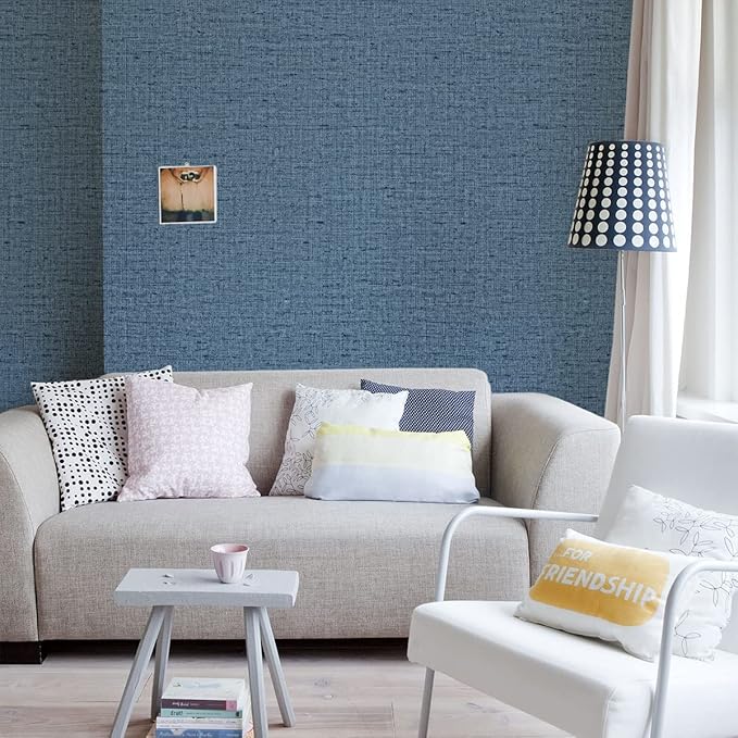 Blue Grasscloth Peel and Stick Wallpaper Textured Linen Adhesive Contact Paper