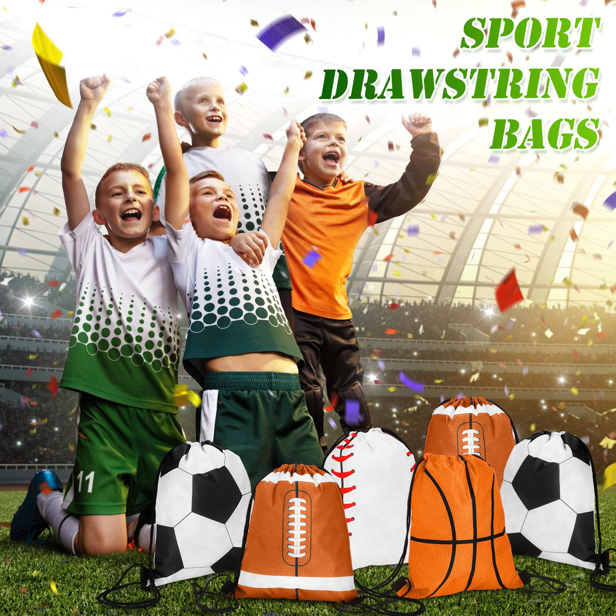 Censen 24 Pcs Drawstring Bags Set Bulk 12 x 10 Inch Waterproof Beach Pack for Soccer Baseball Basketball Football Gift Party (Sport Style)