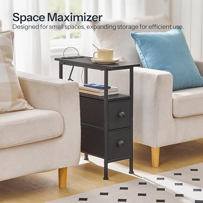 HOOBRO End Table with Charging Station, Narrow Side Table with 2 Fabric Drawers