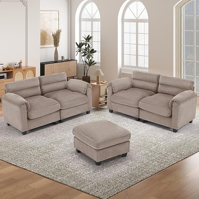 HAOMARKETS Corduroy Sofa Set, Upholstered Ottoman, Loveseat Set of 2with Plush