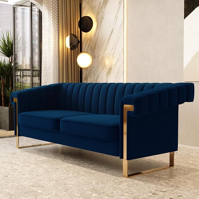 Mid-Century Modern Blue Velvet Sofa
