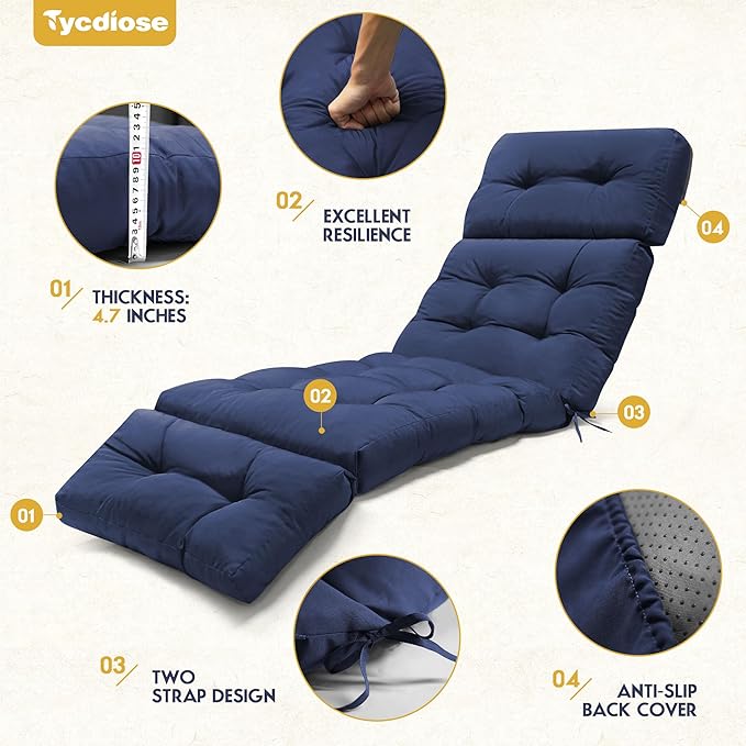 Waterproof Outdoor Chaise Lounge Chair Cushion 74.4 x 22 x 4.7 Inches Memory