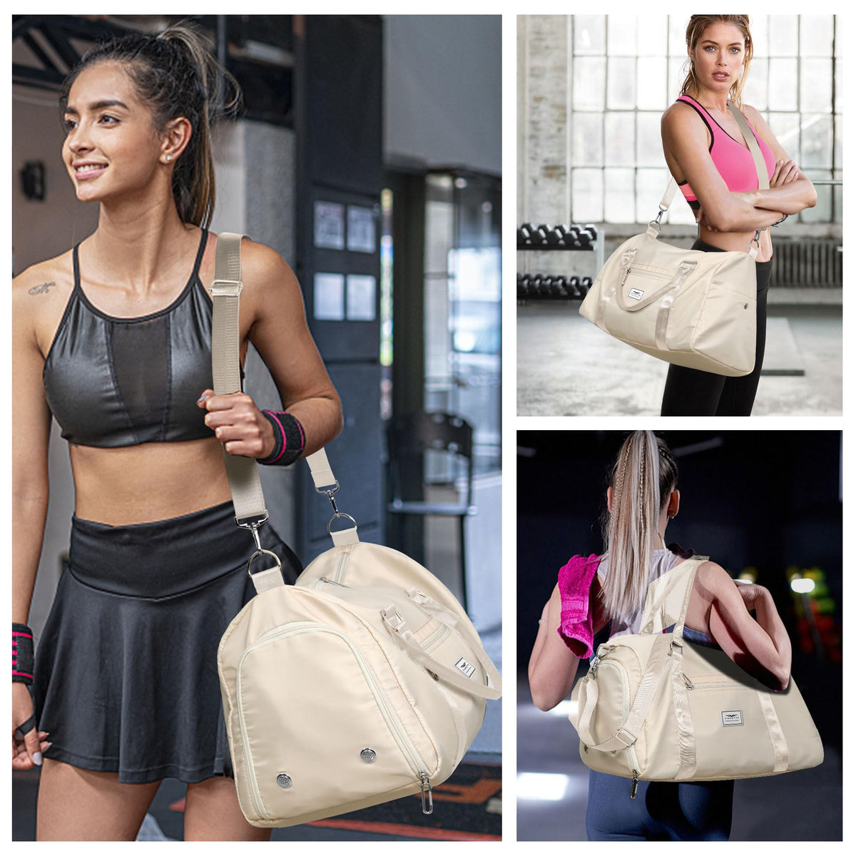 FIORETTO Womens Gym Tote Duffle Bag with Wet Pocket & Shoe Compartment, Sports Duffel Overnight Weekender Hospital Workout Carry on Bag for Girls, Ideal for Travel, Swimming, Dance, Ballet Beige