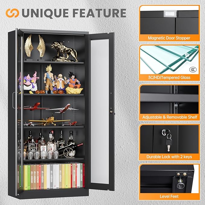 Locking Display Cabinet with Glass Door, 71”H Metal Curio Cabinets with