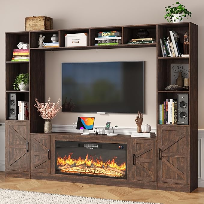 103" Fireplace TV Stand with 40" Electric Fireplace, Farmhouse TV Stand with