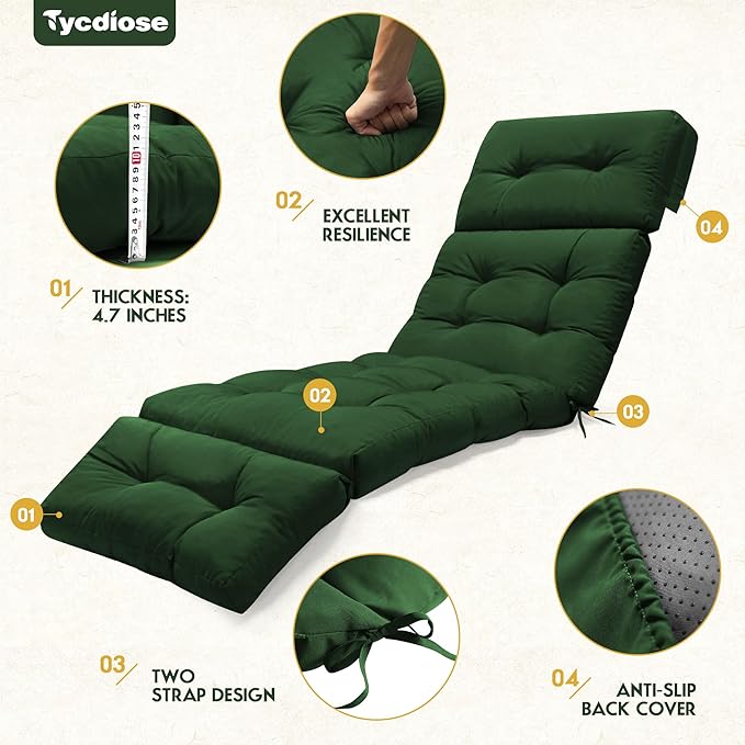 Outdoor Chaise Lounge Chair Cushion Waterproof 74.4 x 22 x 4.7 Inches Memory