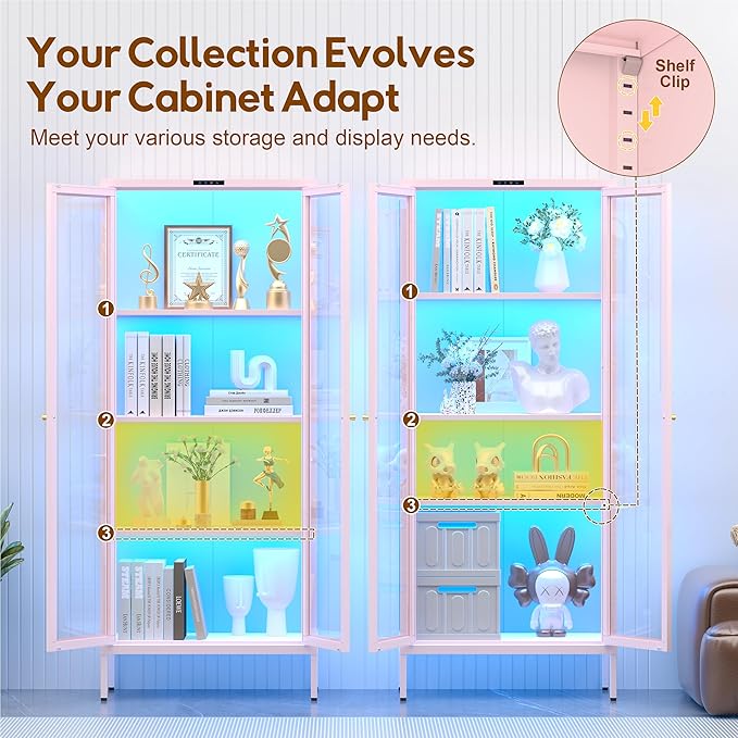 UNICOLY Display Cabinet with Glass Doors, Glass Display Cabinet with 8 Color
