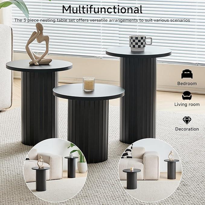 Round Nesting Coffee Table Set of 3 Mid Century Modern Wood Round Coffee Tables