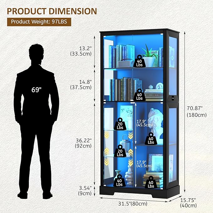 71” Display Cabinet with Glass Doors, Modern Curio Cabinet with 3 Color Lights