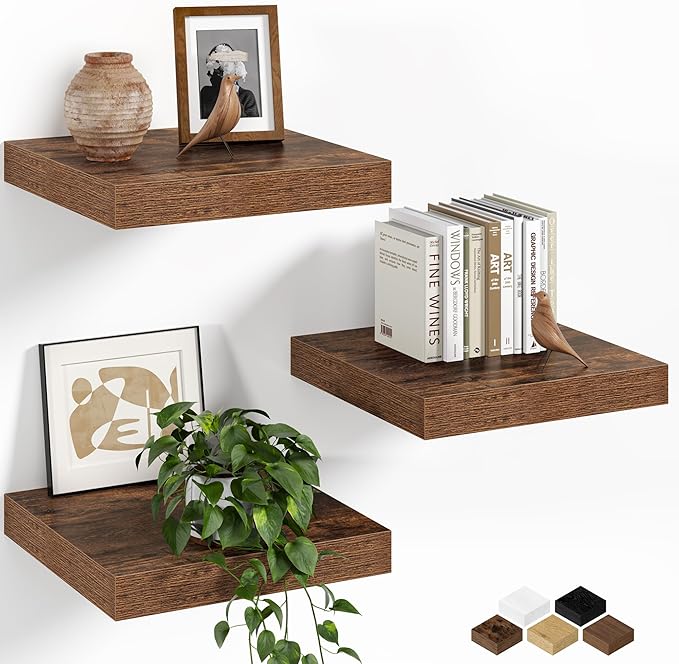 Fun Memories Floating Shelves for Wall, 12 Inch Set of 3 Rustic Wood Wall