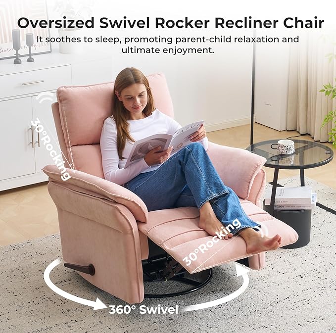 Rocking Chair Nursery with Adjustable Headrest, Manual Swivel Rocker Recliner