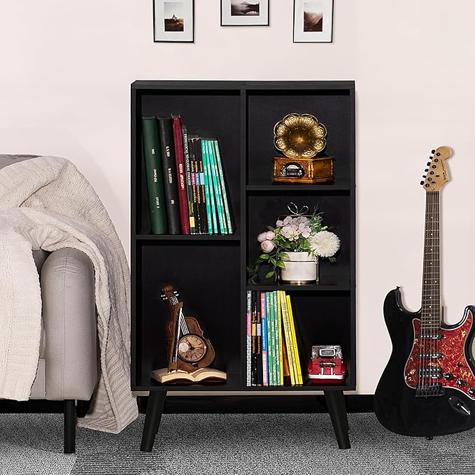 YAHARBO Small Black Narrow Bookshelf, 3 Tier Modern Bookcase