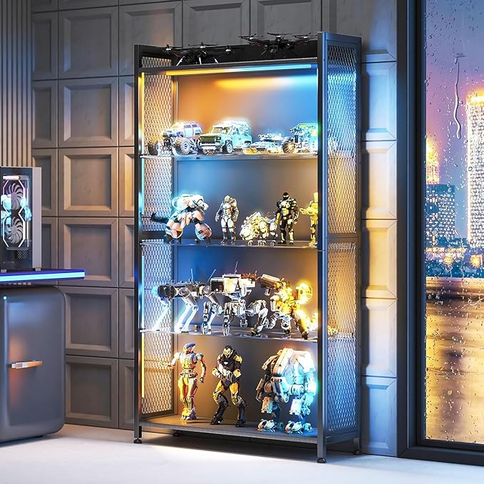 AODK Display Case with LED Lights, Display Cabinet with Glass Storage Shelves