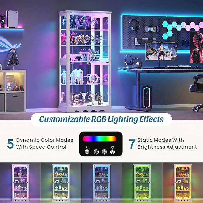 Dystler Display Cabinet with Glass Doors, LED Display Case with Removable Shelf