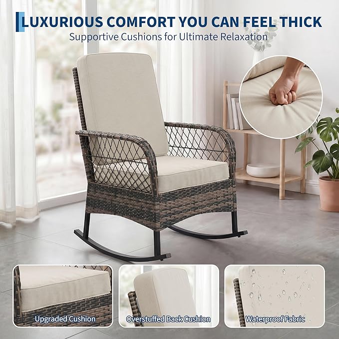 GarveeHome 3-Piece Outdoor Rocking Chair Set, Wicker Rattan Patio Furniture