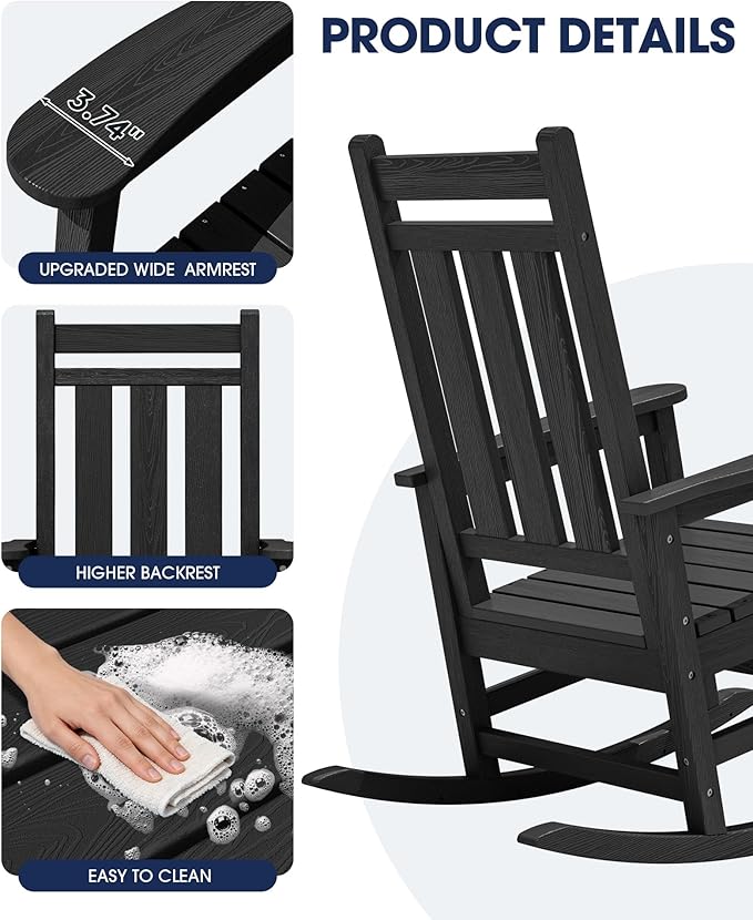 KINGYES Oversized Outdoor Rocking Chair, All-Weather Patio Rocking Chairs