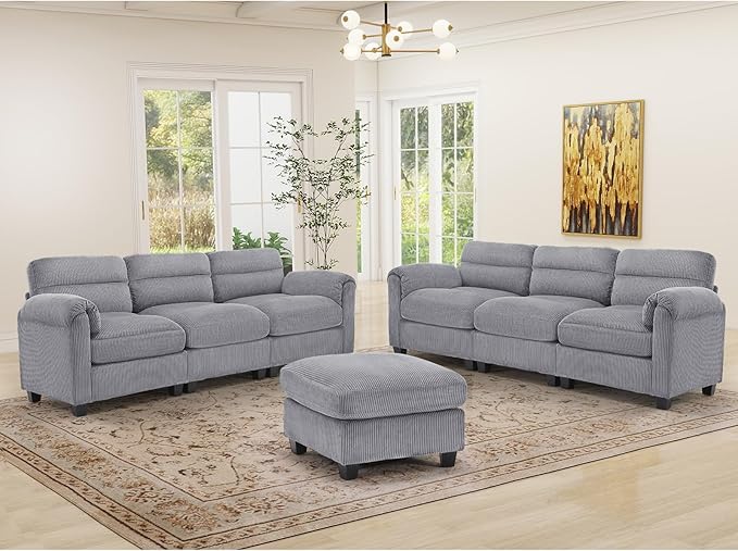 HAOMARKETS Corduroy Sofa Set, Upholstered Ottoman and 3-Seater Couch Set of 2