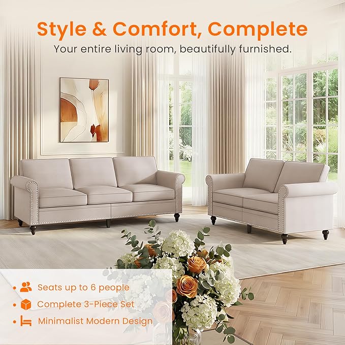 Living Room Sofa Sets 2 Piece, Modern 3 Seater Sofa and Loveseat Couch Sets