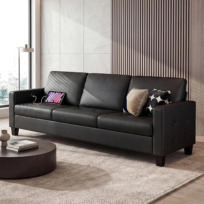 STHOUYN Black Faux Leather 3 Seater Sofa, Loveseat and Accent Chair, Modern