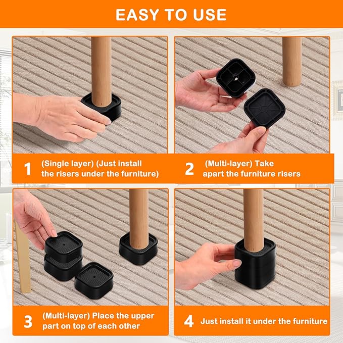 Furniture Risers Adjustable Bed Risers Heavy Duty Lifts Height 3", Square