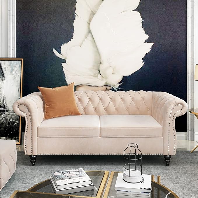 ORRD 2 Piece Living Room Set, Velvet Chesterfield Sofa Loveseat Couch Chair