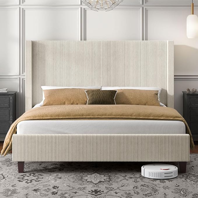 HOWE Queen Size Bed Frame with 50.8" Tall Wingback Headboard, Modern Corduroy