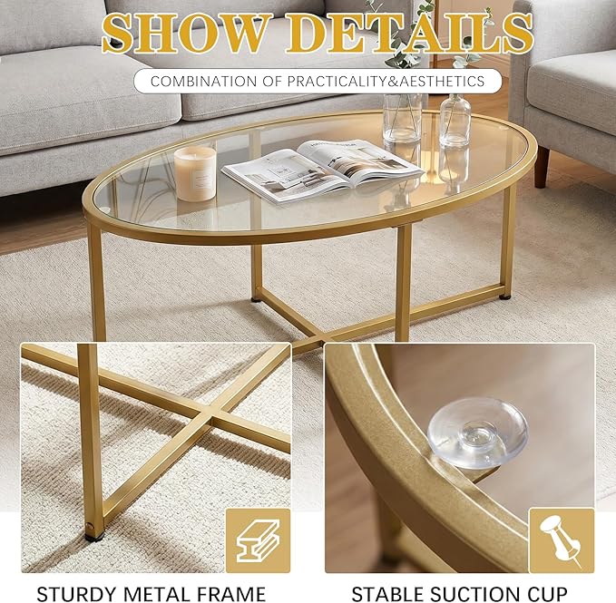 Wolawu Coffee Table Gold Oval Glass Coffee Tables