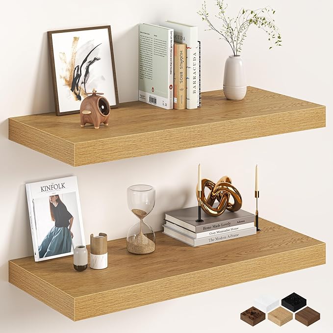 32Inch Oak Floating Shelves for Wall, 12 Inch Deep Shelves for Bedroom